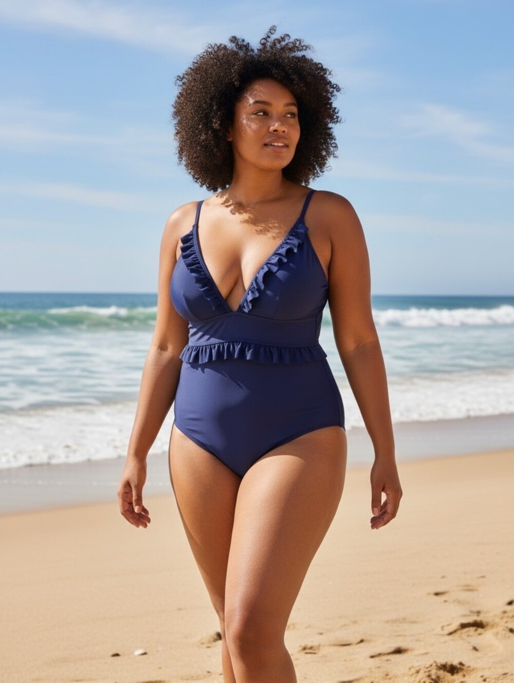 J. Crew Ruffle Deep-V One-Piece Swimsuit Navy Blue 24